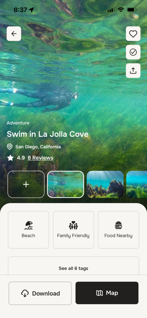 Adventure screen displaying Swim in La Jolla Cove details and tags.