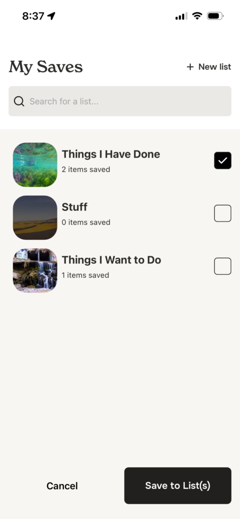 List of saved items with checkboxes and options to save or cancel.