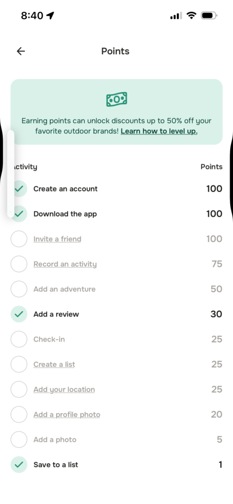 Points screen displaying activities and their corresponding point values.