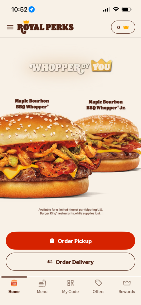 Screenshot of Burger King's Royal Perks app showcasing two sandwich options with action buttons.