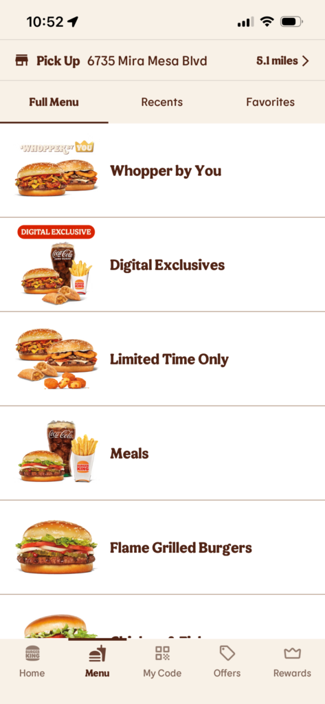 Menu screen displaying various Burger King food options.