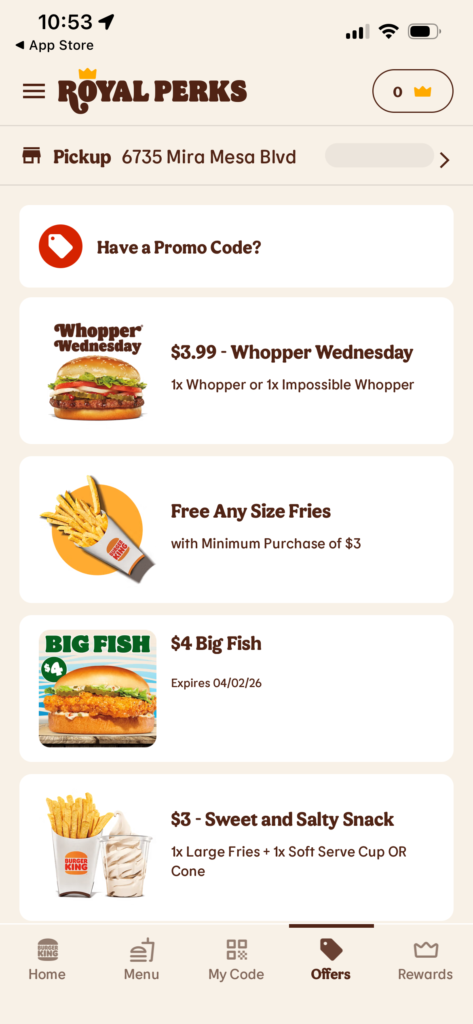 Offers screen displaying various promotions including Whopper Wednesday and Big Fish.
