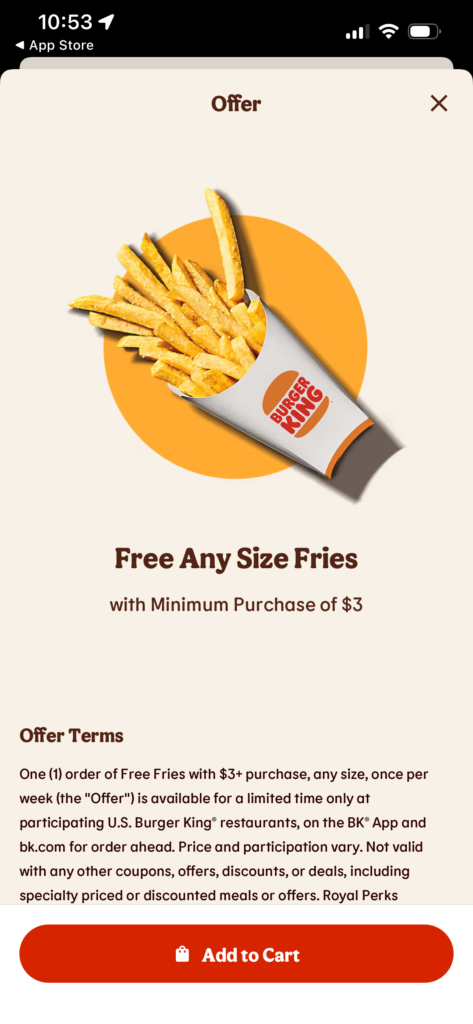 Offer for free fries with minimum purchase displayed on Burger King app.