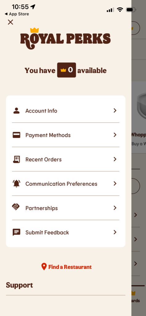 Royal Perks menu with account options and a restaurant locator.
