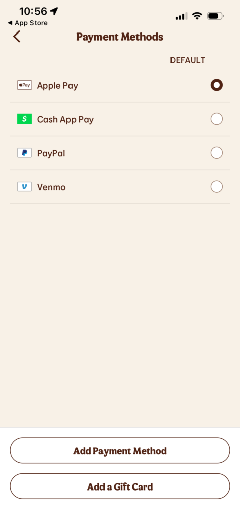 Payment methods screen showing options like Apple Pay, Cash App, PayPal, and Venmo.