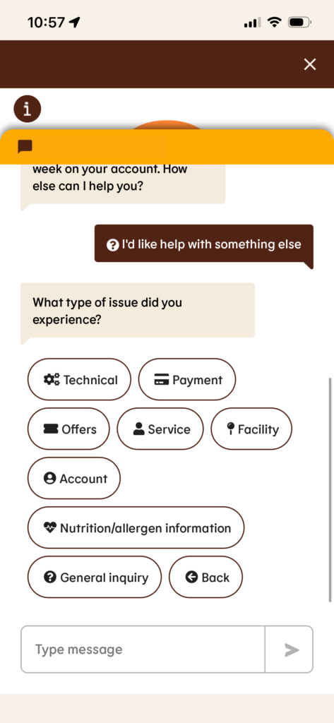 Chat interface asking for type of issue with multiple button options for selection.